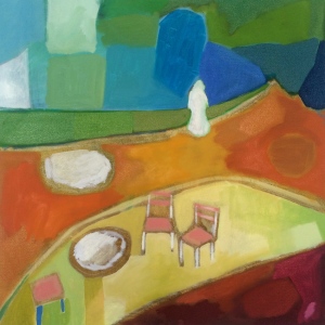 Yard With Pink Chairs Oil  20" x 20"